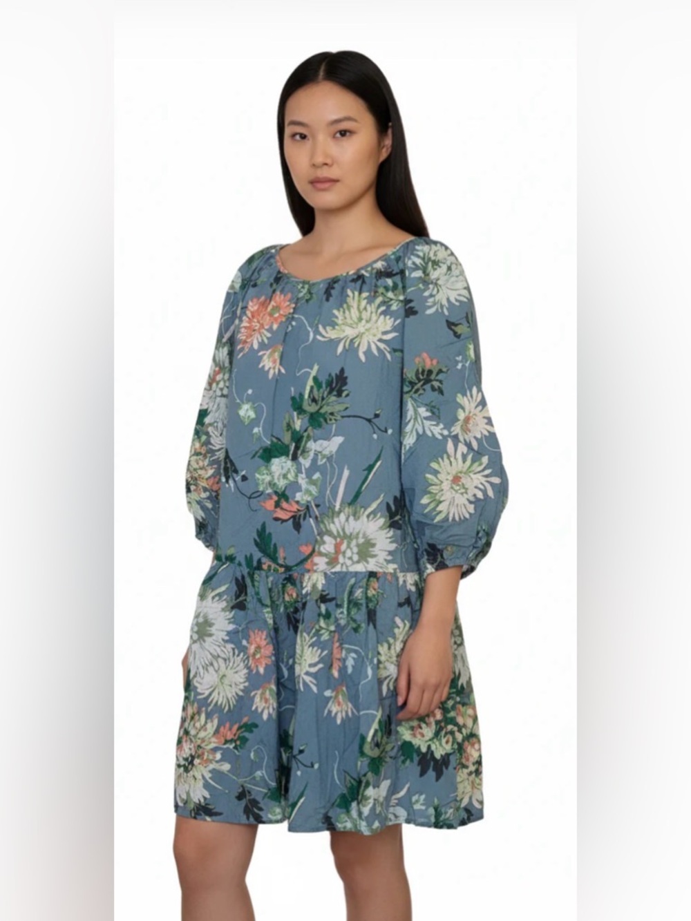 H&M Blue Floral Tiered Mini Dress with Puff Sleeves